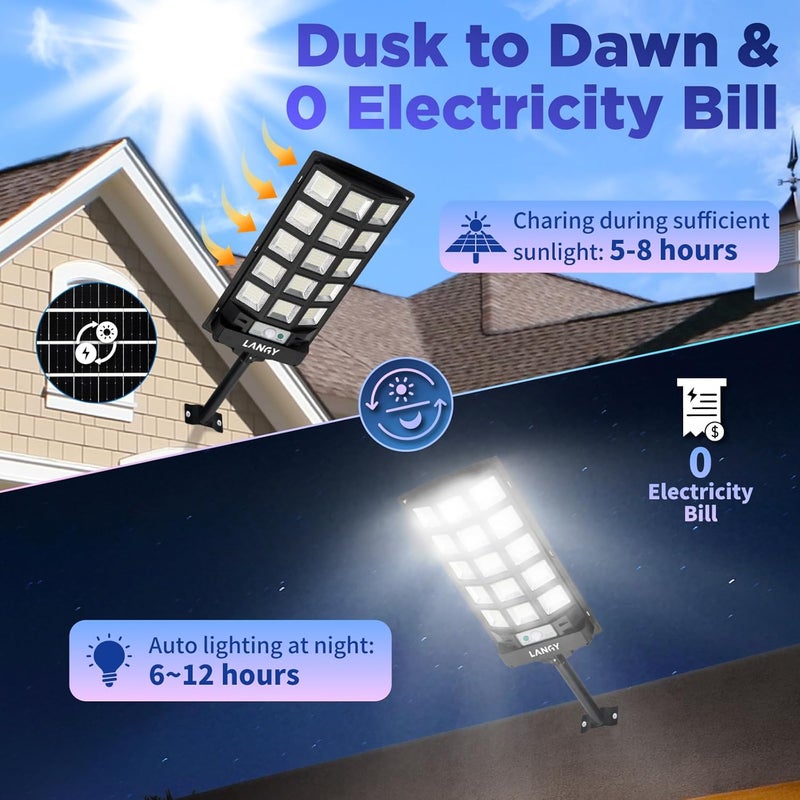LANGY Solar Street Lights Outdoor Waterproof 4pcs, 6500K 60000LM Wide Angle Solar Powered Flood Lights with Motion Sensor & Remote Control, Dusk to Dawn Commercial Solar Outdoor Lights for Parking - Image 4